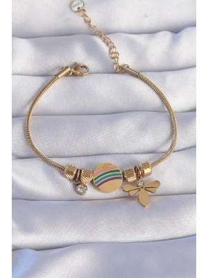 ® 316L Çelik Gold Renk Zirkon Taşlı Gökkuşağı Tasarımlı Yusufçuk Bileklik