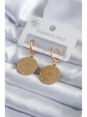 ® 316L Çelik Gold Renk Zirkon Taşlı Göz İşleme Model Kadın Küpe