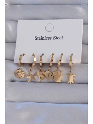 ® 316L Çelik Gold Renk Zirkon Taşlı Hayvan Figürlü Deniz Yıldızı Model Halka Küpe Seti