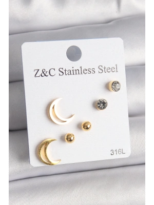 ® 316L Çelik Gold Renk Zirkon Taşlı Hilal Model Kadın Küpe Seti