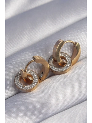 ® 316L Çelik Gold Renk Zirkon Taşlı İç İçe Geçmeli Oval Küpe