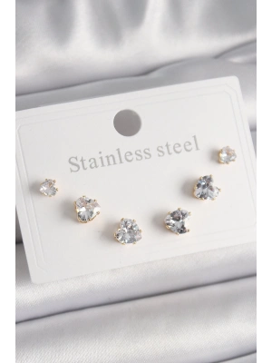 ® 316L Çelik Gold Renk Zirkon Taşlı Kalp Model Kadın Küpe Seti