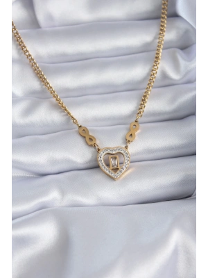 ® 316L Çelik Gold Renk Zirkon Taşlı Kalp Model Sonsuzluk Detay Kadın Kolye