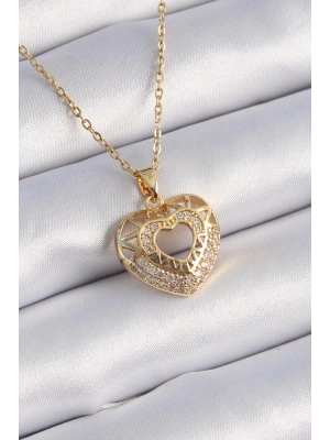 ® 316L Çelik Gold Renk Zirkon Taşlı Kalp Model Vintage Kadın Kolye