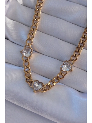 ® 316L Çelik Gold Renk Zirkon Taşlı Kalp Model Zincir Kolye