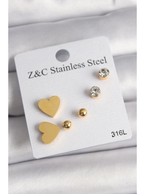 ® 316L Çelik Gold Renk Zirkon Taşlı Kalpli Kadın Küpe Seti