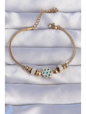 ® 316L Çelik Gold Renk Zirkon Taşlı Nazarlı Çiçek Tasarımlı Bileklik