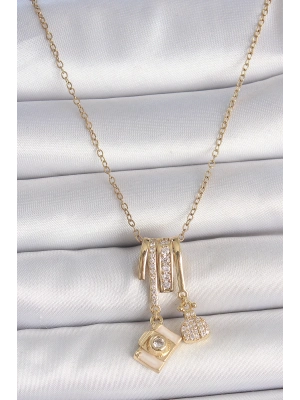 ® 316L Çelik Gold Renk Zirkon Taşlı Sallantı Fotoğraf Makinası Figür Charm Kadın Kolye