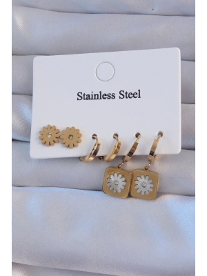 ® 316L Çelik Gold Renk Zirkon Taşlı Sedefli Papatya Model Halka Küpe Seti