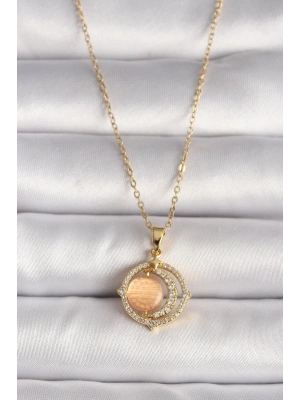 ® 316L Çelik Gold Renk Zirkon Taşlı Turuncu Sedefli Hilal Model Kadın Kolye