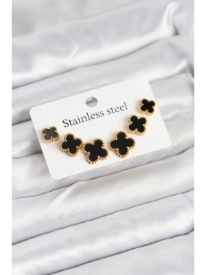 ® 316L Çelik Gold Siyah Renk 3 Boy Yonca Küpe Seti