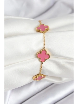 ® 316L Çelik Gold Zincir Pembe Yonca Renk Bileklik