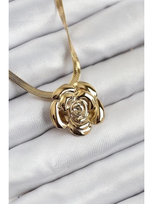 ® 316L Çelik Gül Figürlü İtalyan Zincir Model Gold Renk Kadın Kolye