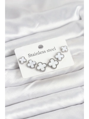 ® 316L Çelik Gümüş Beyaz Renk 3 Boy Yonca Küpe Seti