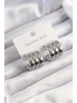 ® 316L Çelik Gümüş Renk 3lü Görünüm Bombe Model Yarım Halka Küpe