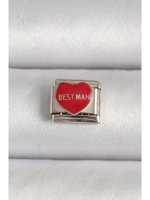 ® 316L Çelik Gümüş Renk Best Man Yazılı Kırmızı Kalp İşlemeli Nomination Charm
