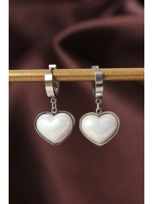 ® 316L Çelik Gümüş Renk Beyaz Bombeli Kalp Küpe