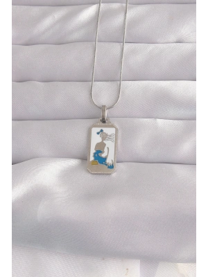 ® 316L Çelik Gümüş Renk Beyaz Mineli Kız Figür Tarot Kolye