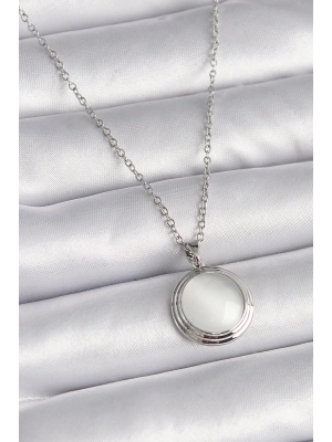 ® 316L Çelik Gümüş Renk Beyaz Sedefli Daire Model Kadın Kolye