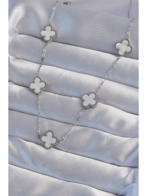 ® 316L Çelik Gümüş Renk Beyaz Sedefli Yonca Kolye