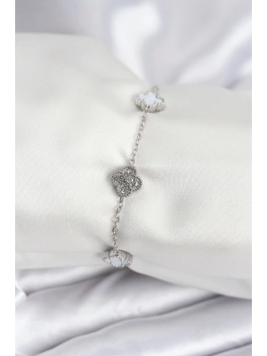 ® 316L Çelik Gümüş Renk Beyaz ve Zirkon Taşlı Baby Boy Yonca Kadın Bileklik