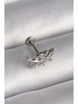 ® 316L Çelik Gümüş Renk Dal Model Zirkon Taş Detaylı Tragus Piercing