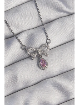 ® 316L Çelik Gümüş Renk Fiyonk Detay Pembe Zirkon Taşlı Damla Kolye
