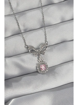 ® 316L Çelik Gümüş Renk Fiyonk Detay Pembe Zirkon Taşlı Tektaş Kolye