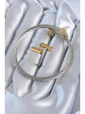 ® 316L Çelik Gümüş Renk Gold Detay Sarmal Model Erkek Bileklik Yüzük Kombini