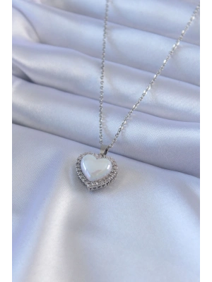 ® 316L Çelik Gümüş Renk İncili Kalp Model Zirkon Taşlı Kadın Kolye