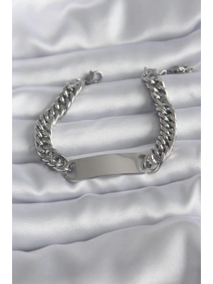 ® 316L Çelik Gümüş Renk İsim Yazılabilir Plaka Model Kadın Bileklik