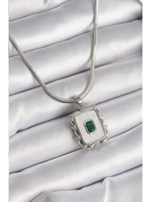 ® 316L Çelik Gümüş Renk İtalyan Zincir Beyaz Sedefli Kare Portre Model Zümrüt Taş Detay Kadın Kolye
