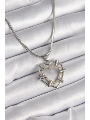 ® 316L Çelik Gümüş Renk İtalyan Zincir Mix Renk Zirkon Taş Detay Kalp Model Kadın Kolye