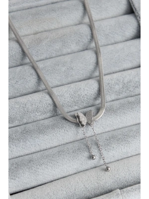 ® 316L Çelik Gümüş Renk İtalyan Zincir Model Simli Kelebek Figür Kadın Kolye