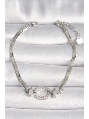 ® 316L Çelik Gümüş Renk İtalyan Zincir Model Zirkon Taşlı Halka Figür Kadın Bileklik