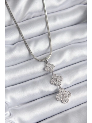 ® 316L Çelik Gümüş Renk İtalyan Zincir Zirkon Taşı Yonca Model Kadın Kolye