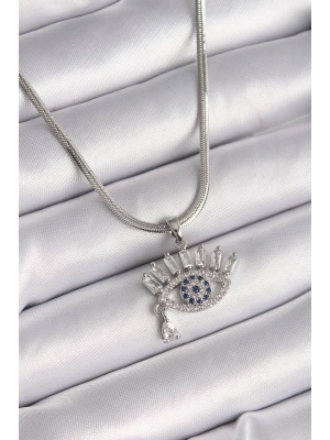 ® 316L Çelik Gümüş Renk İtalyan Zincir Zirkon Taşlı Göz Model Kadın Kolye