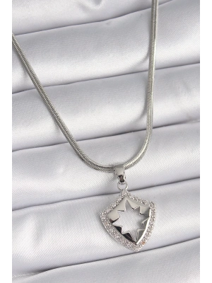 ® 316L Çelik Gümüş Renk İtalyan Zincir Zirkon Taşlı Kutup Yıldızı İşleme Model Kadın Kolye