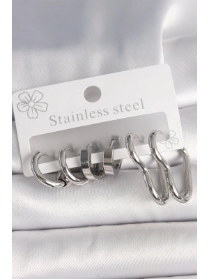 ® 316L Çelik Gümüş Renk Kalp Halka Model Kadın Küpe Seti