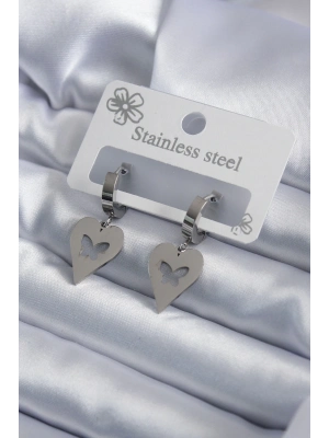 ® 316L Çelik Gümüş Renk Kalp Model Kelebek İşleme Kadın Küpe
