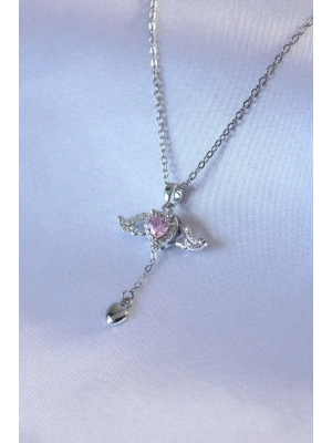 ® 316L Çelik Gümüş Renk Kanatlı Kalp Figür Zirkon Taş Detay Kadın Kolye