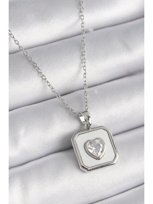 ® 316L Çelik Gümüş Renk Kare Madalyon Kalp Zirkon Taş İşleme Kadın Kolye