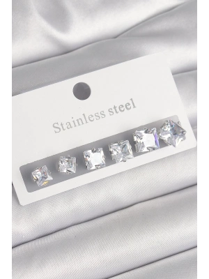 ® 316L Çelik Gümüş Renk Kare Zirkon Taşlı Kadın Küpe Seti