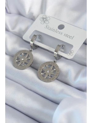 ® 316L Çelik Gümüş Renk Kutup Yıldızı Model Zirkon Taş İşleme Detay Kadın Küpe