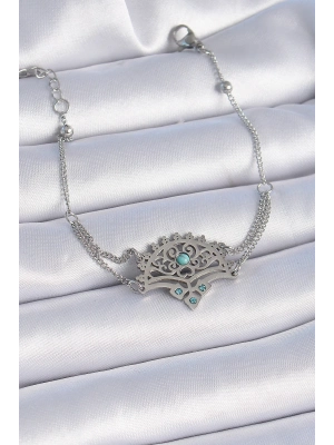 ® 316L Çelik Gümüş Renk Mavi Taşlı Etnik Desen Kadın Bileklik