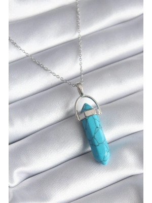 ® 316L Çelik Gümüş Renk Mavi Taşlı Model Kadın Kolye