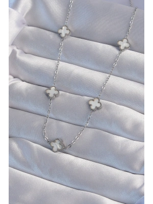 ® 316L Çelik Gümüş Renk Minimal Beyaz Sedefli Yonca Kolye