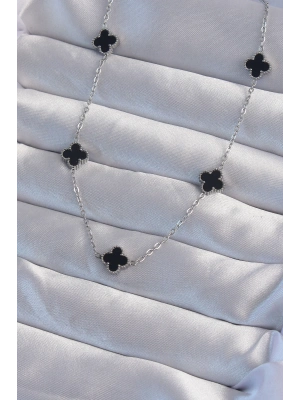 ® 316L Çelik Gümüş Renk Minimal Siyah Mineli Yonca Kolye