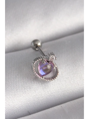 ® 316L Çelik Gümüş Renk Mor Mineli Kalp Zirkon Taş Detay Tragus Piercing