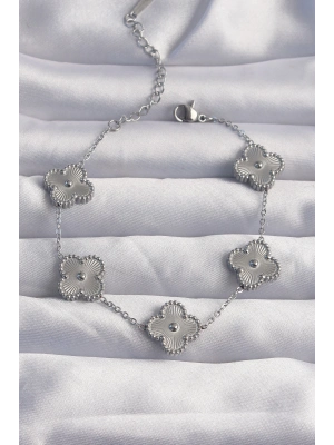 ® 316L Çelik Gümüş Renk Motifli Yonca Bileklik